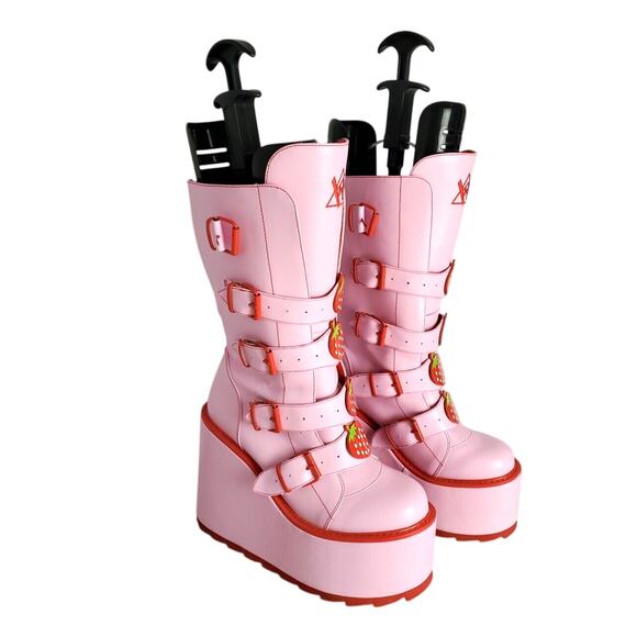YRU Platform Boots Womens 10M Pink Dune Strawberry Mid-Calf Goth Kawaii Zip Rare - Picture 1 of 16
